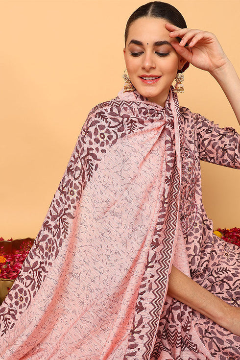 Plus Size Pink Silk Blend Floral Printed Straight Style Suit Set